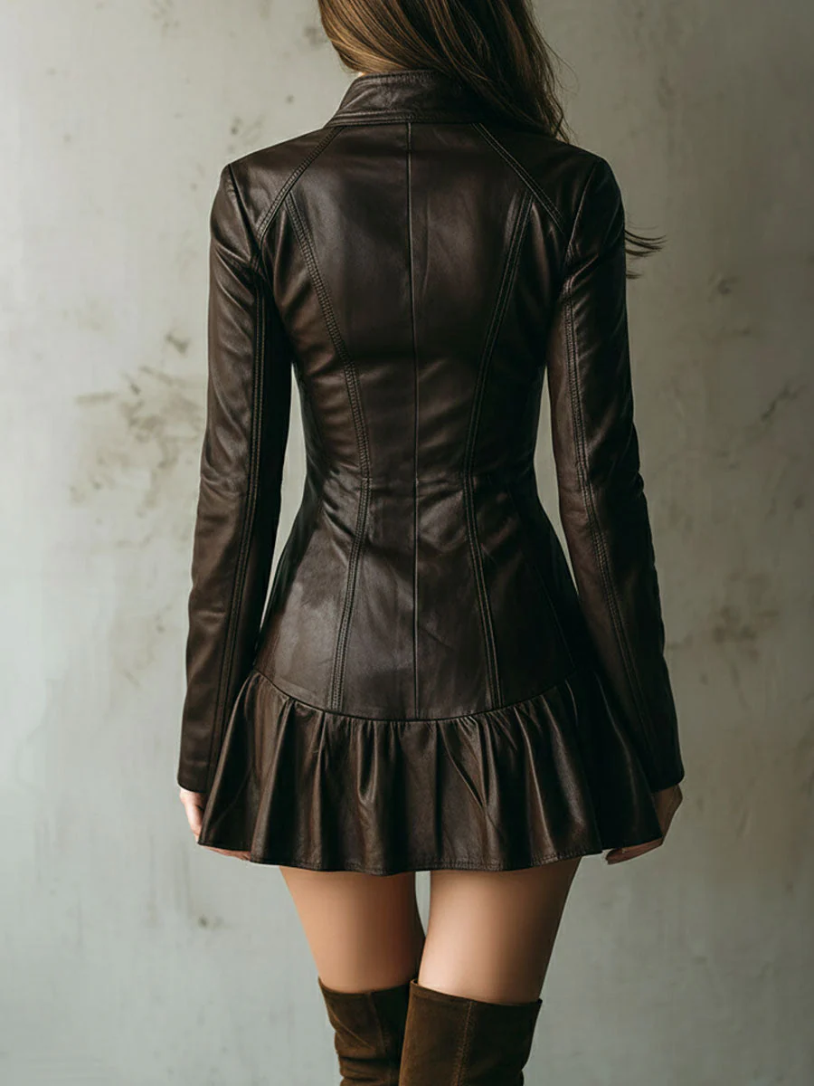 Brown Eco Leather Fitted Zip-Up Mini Dress With Flared Hem - Image 5