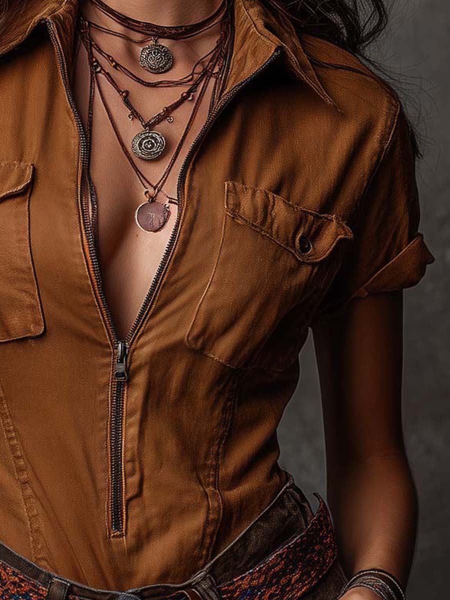 Classic Caramel Zip-Front Utility Short Sleeve Shirt - Image 2