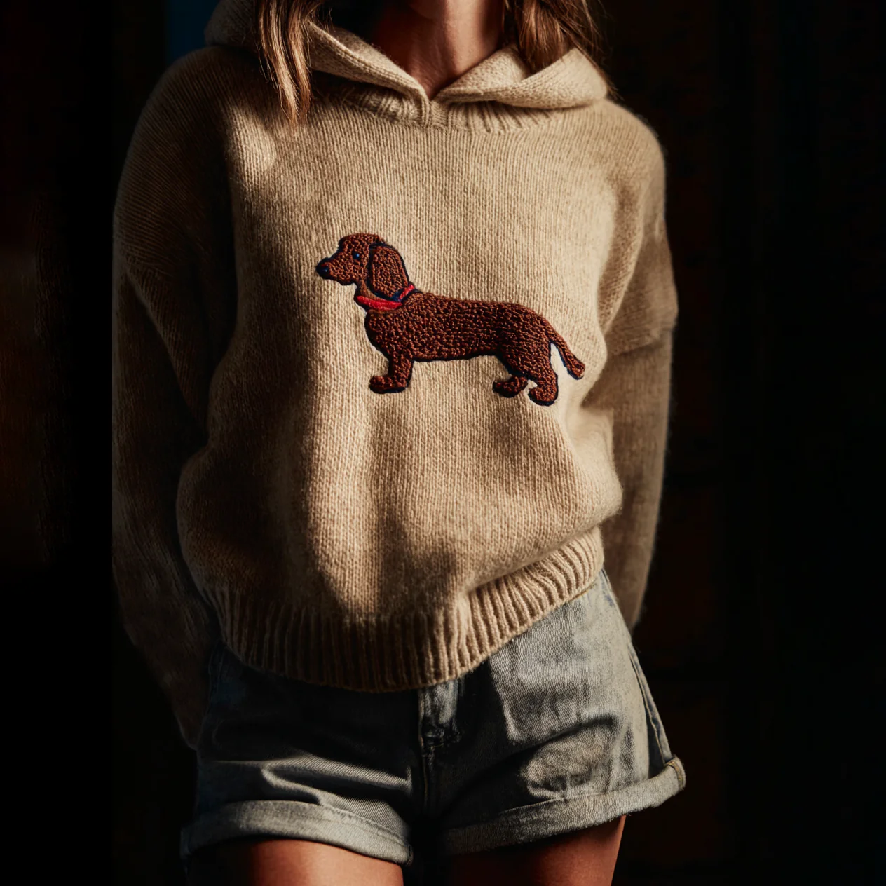 Classic Fuzzy Dachshund Dog Felt Cozy Knit Hooded Sweater - Image 2