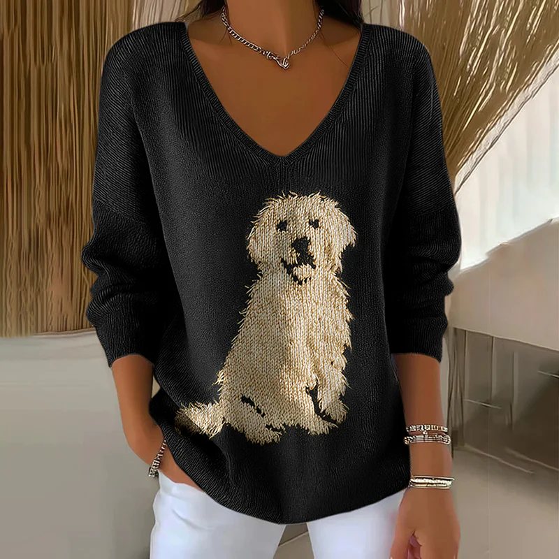 Classic Fuzzy Golden Retriever Dog Felt Art Inspired Embroidered V Neck Cozy Knit Sweater - Image 2