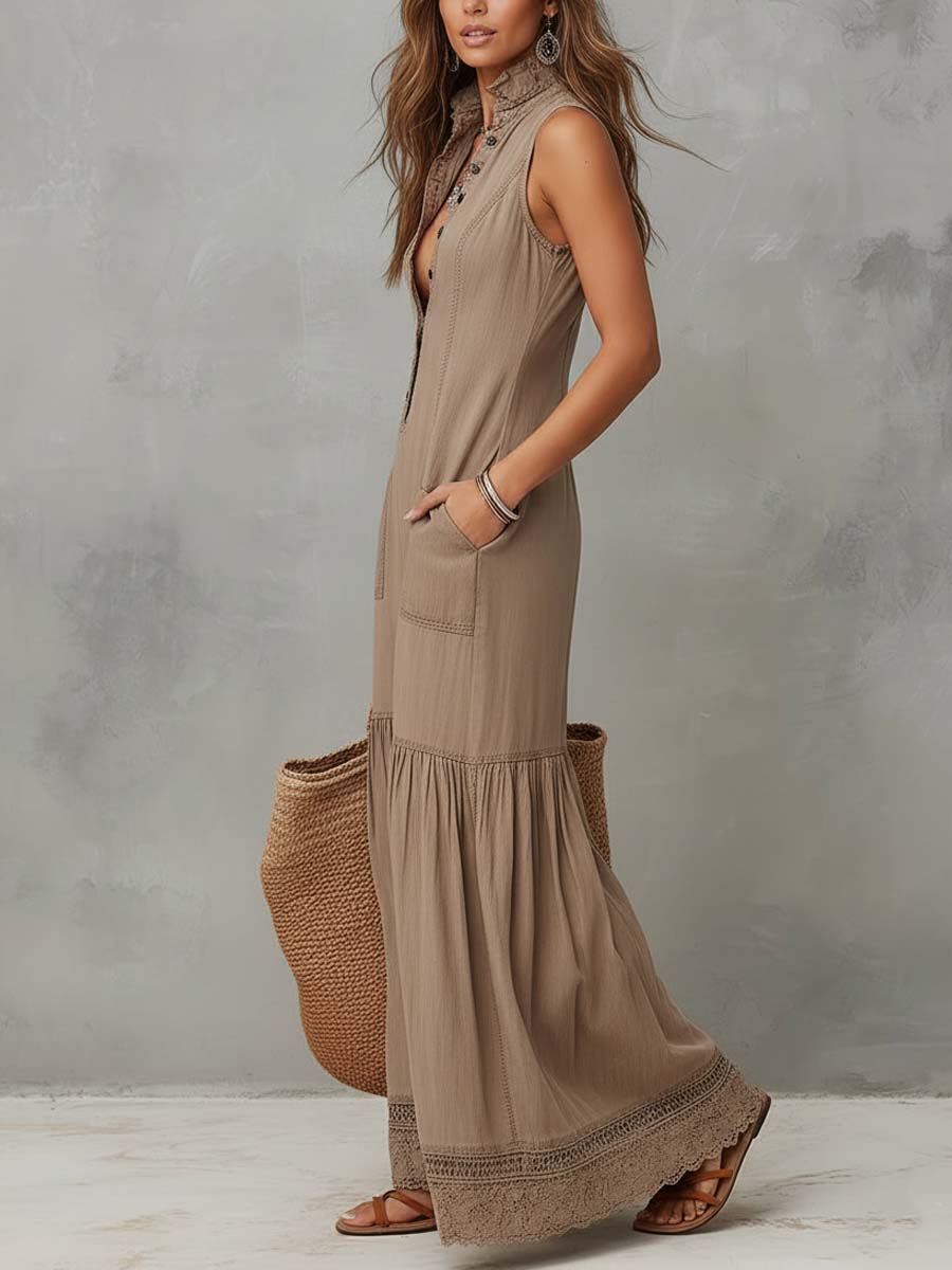 Classic Khaki Pure-Cotton Sleeveless Maxi Dress - Image 2