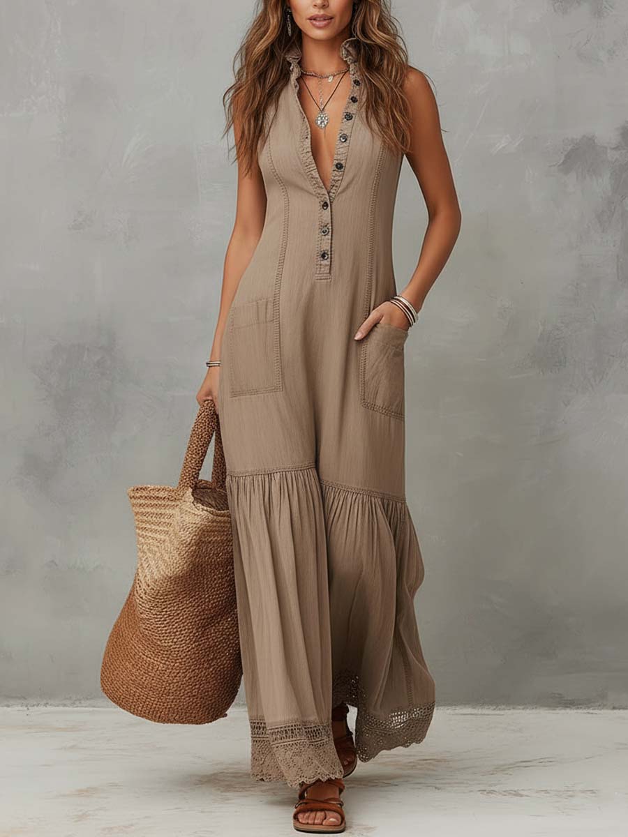 Classic Khaki Pure-Cotton Sleeveless Maxi Dress - Image 3