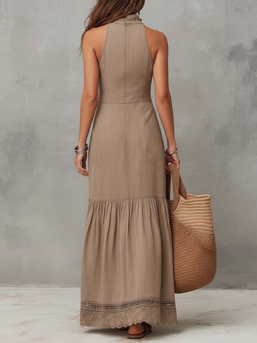 Classic Khaki Pure-Cotton Sleeveless Maxi Dress - Image 4