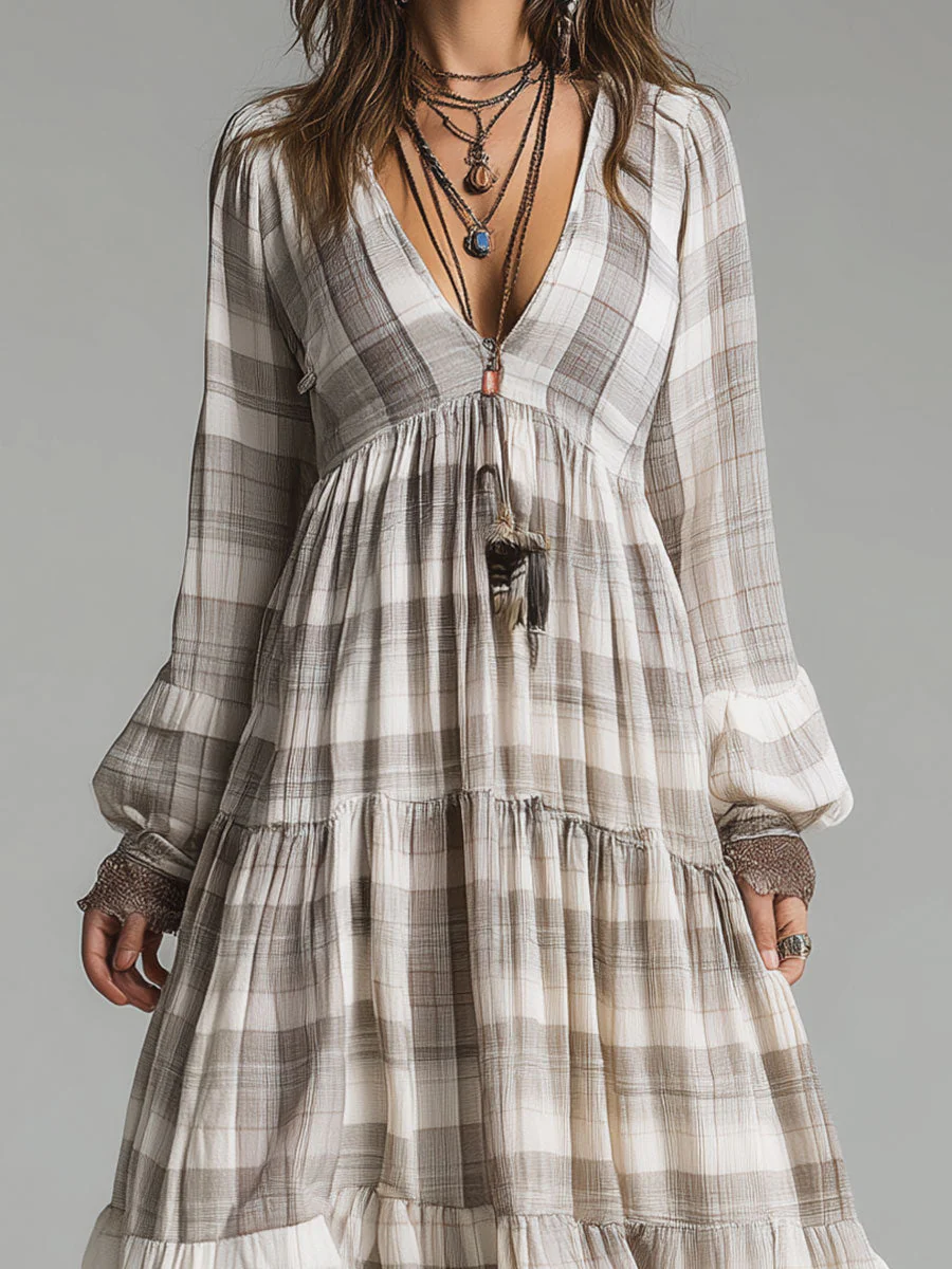 Classic Retro Plaid Lace Splicing Maxi Dress - Image 2