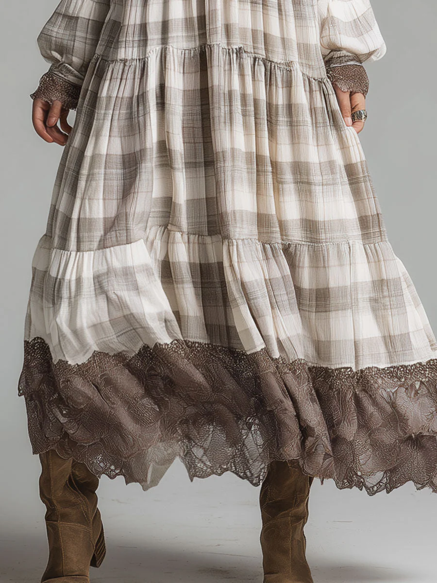 Classic Retro Plaid Lace Splicing Maxi Dress - Image 3