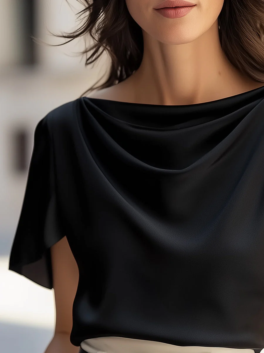 Classic Satin Draped Cap Sleeve Blouse - Image 2