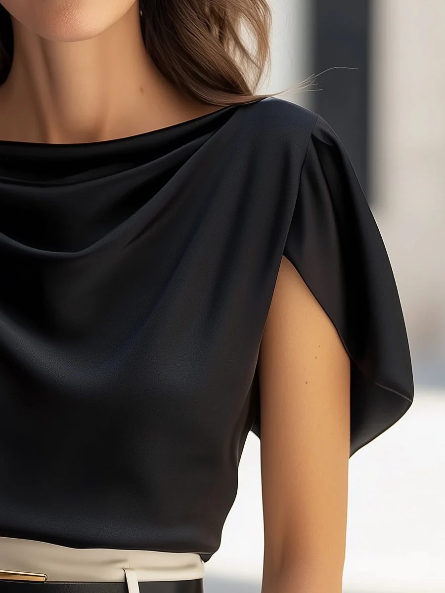 Classic Satin Draped Cap Sleeve Blouse - Image 3
