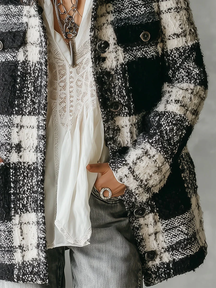 Classic Tweed Plaid Patch Pocket Straight Jacket - Image 3