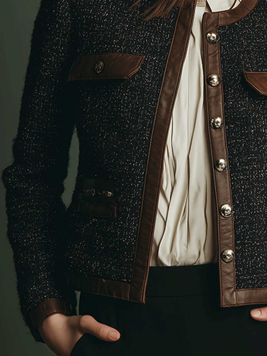 Classic Vintage Leather Trim Tweed Jacket - Image 3