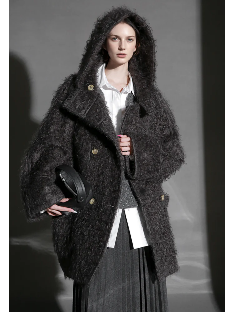 Cloud Plush Hooded Mohair Wool Coat for Women – Double-Faced Teddy Textured Wool Overcoat, Soft and Warm Winter Outerwear - Image 2