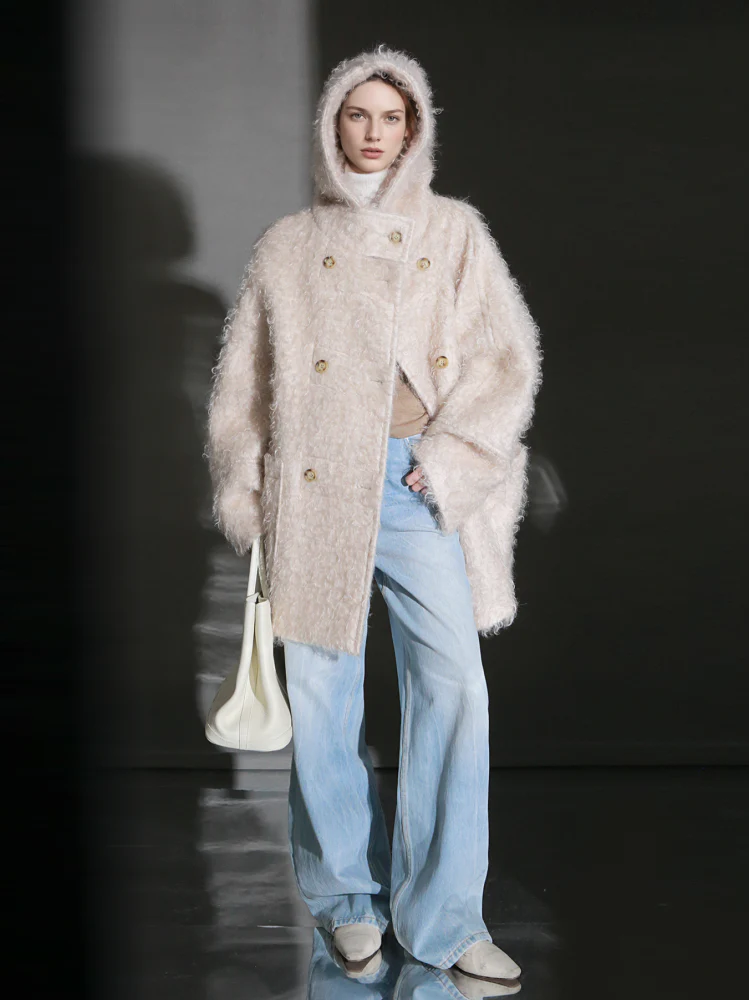 Cloud Plush Hooded Mohair Wool Coat for Women – Double-Faced Teddy Textured Wool Overcoat, Soft and Warm Winter Outerwear - Image 3