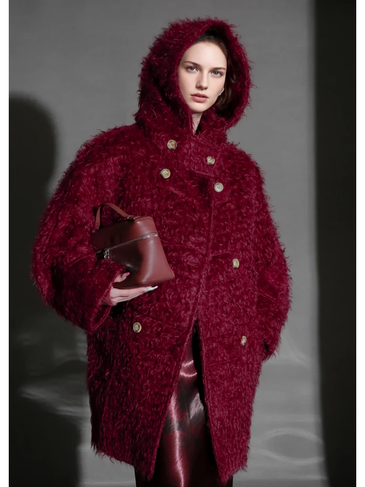 Cloud Plush Hooded Mohair Wool Coat for Women – Double-Faced Teddy Textured Wool Overcoat, Soft and Warm Winter Outerwear - Image 4