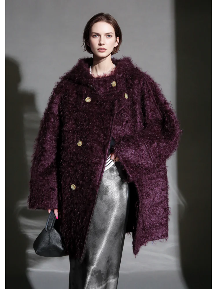 Cloud Plush Hooded Mohair Wool Coat for Women – Double-Faced Teddy Textured Wool Overcoat, Soft and Warm Winter Outerwear - Image 5