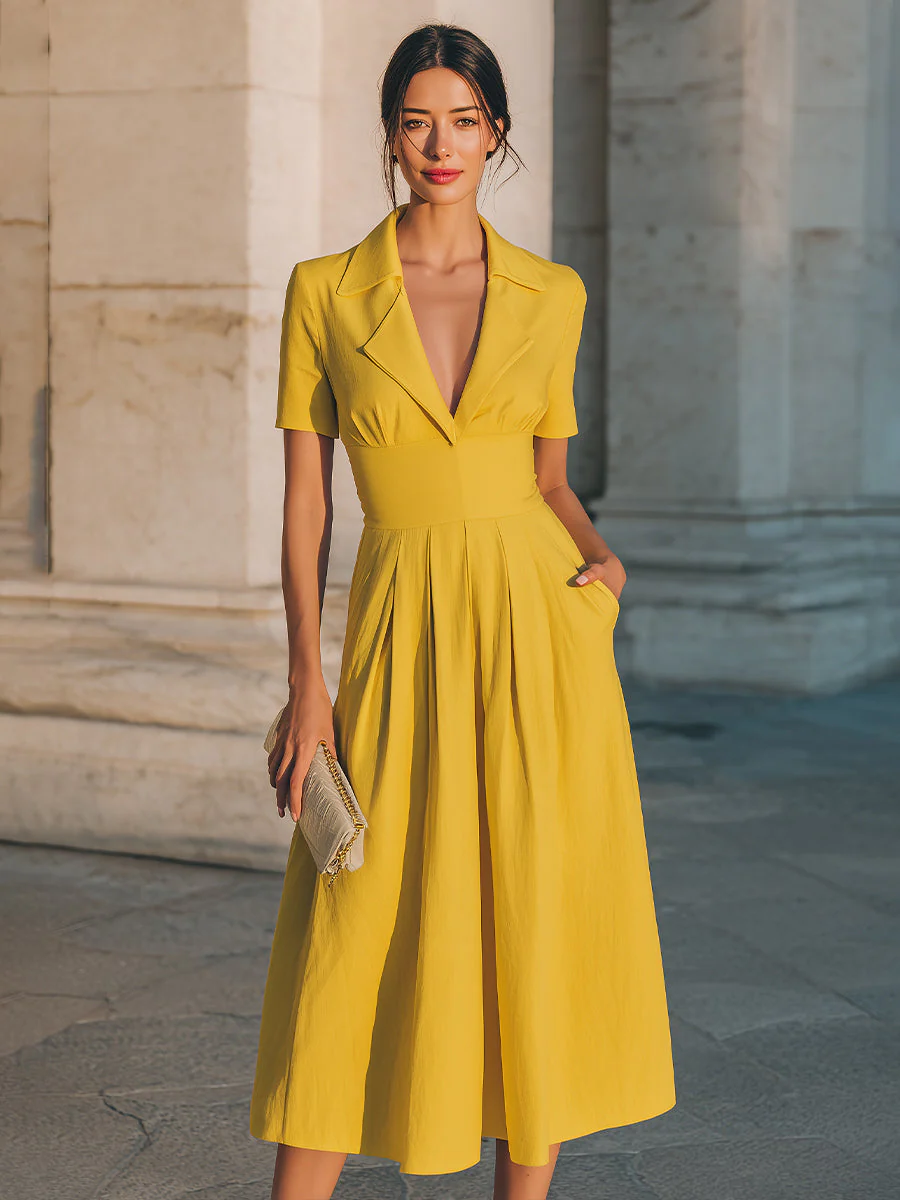Collared Short-Sleeve Midi Dress With Structured Waist - Image 2