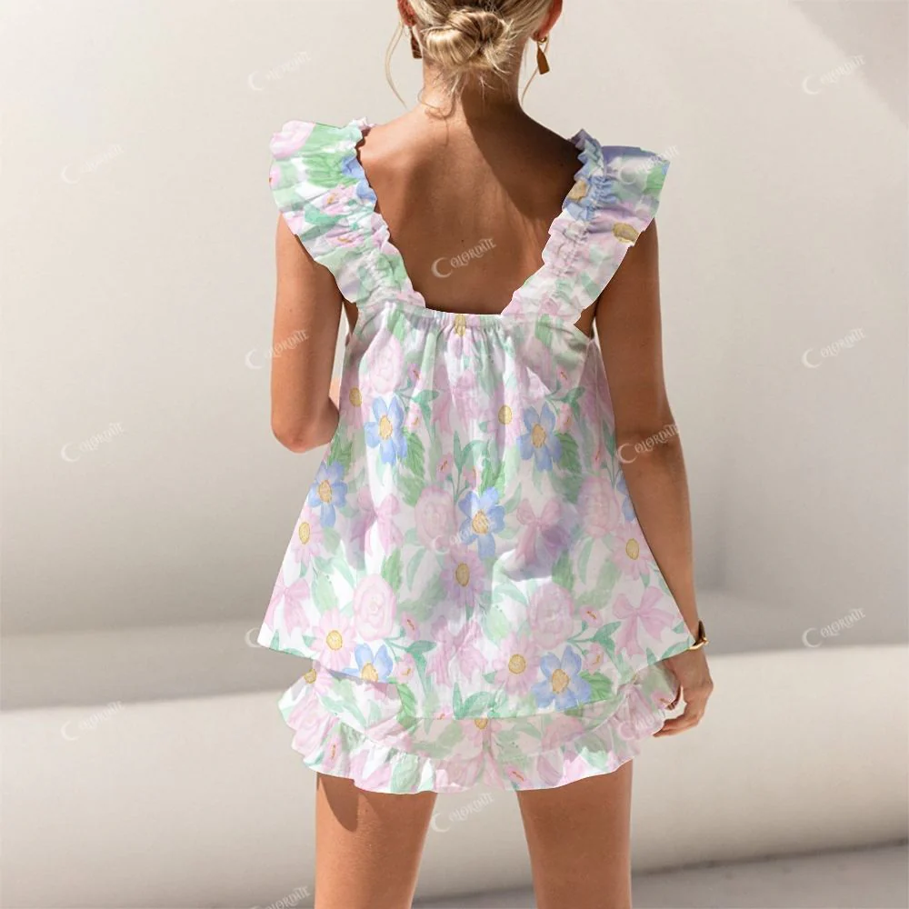 Colordate Blue And Pink Flower Print Short Tank Top Shorts Pajama Set - Image 2