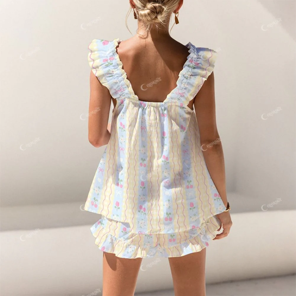 Colordate Blue And Pink Striped Print Short Tank Top Shorts Pajama Set - Image 2