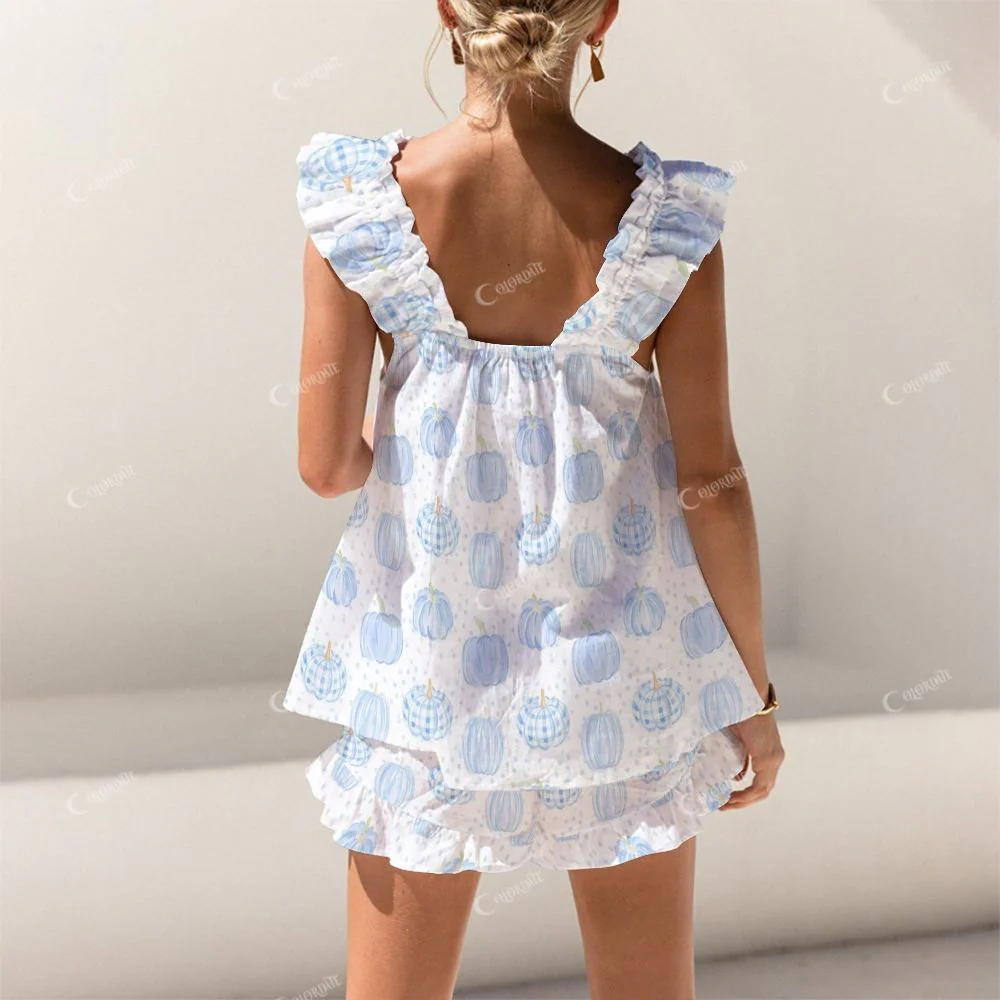 Colordate Blue Pumpkin Print Short Tank Top Shorts Pajama Set - Image 2