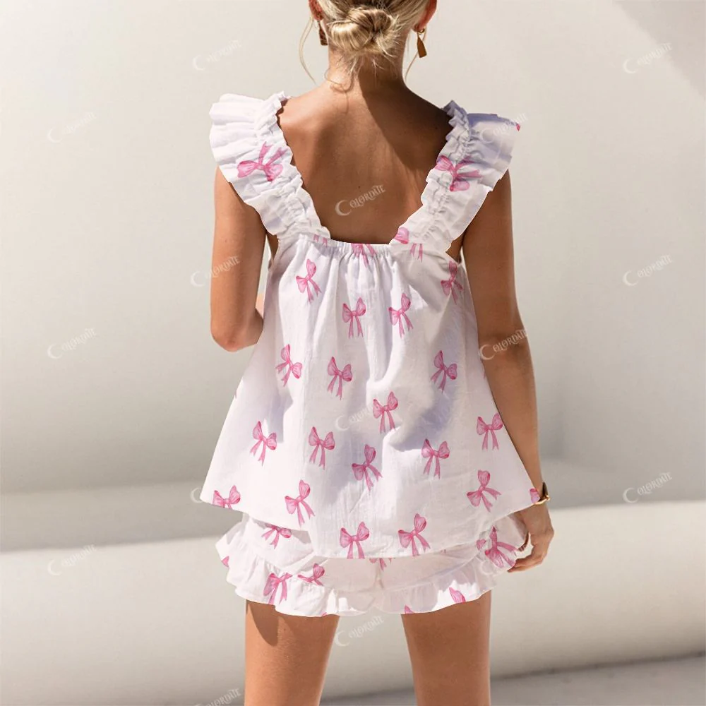 Colordate Bow Knot Print Short Tank Top Shorts Pajama Set - Image 2