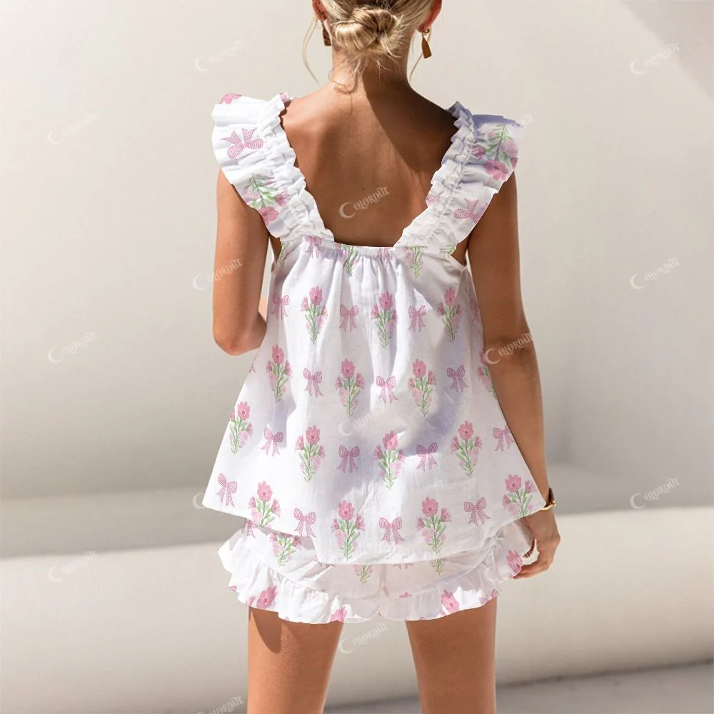 Colordate Love Whisper Bows And Flower Prints Short Tank Top Shorts Pajama Set - Image 2
