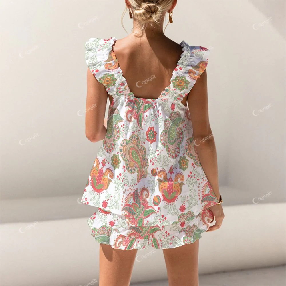 Colordate Colorful Paisley Pattern Print Short Tank Top Shorts Pajama Set - Image 2