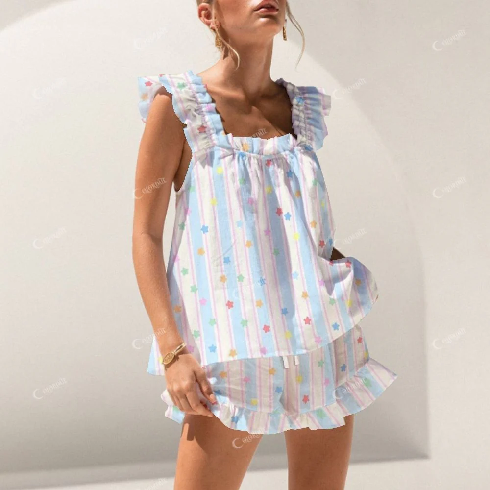 Colordate Colorful Stars And Striped Prints Short Tank Top Shorts Pajama Set