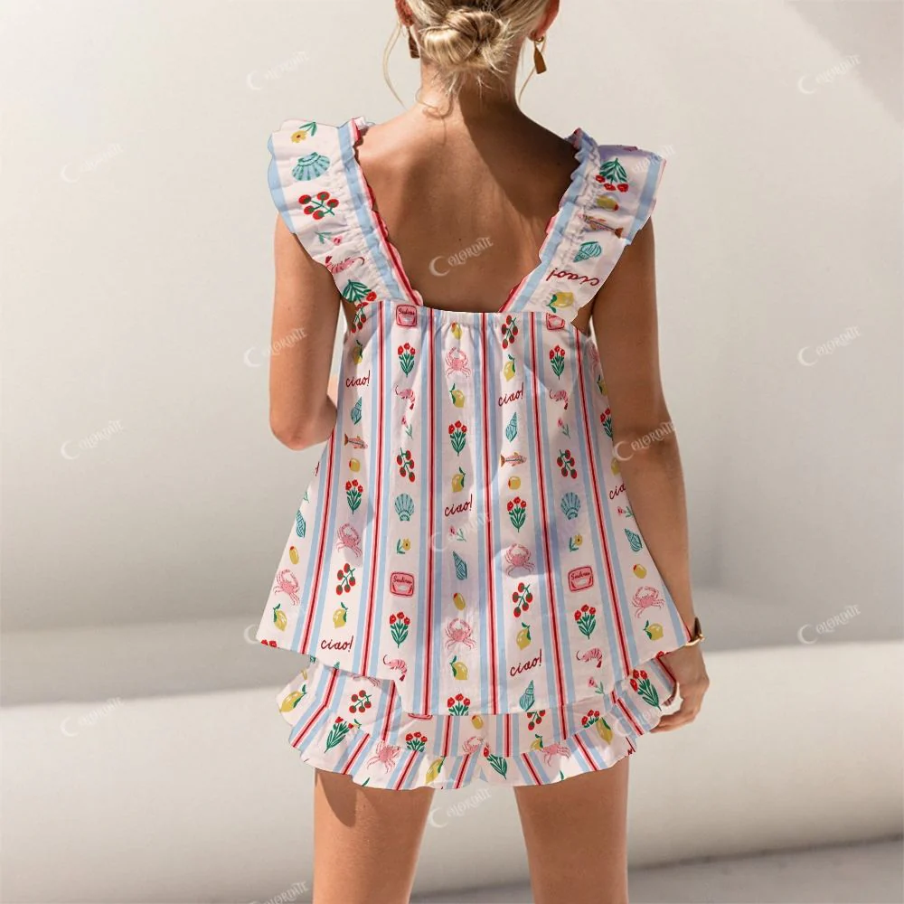 Colordate Fish, Shrimp And Fruit Prints Short Tank Top Shorts Pajama Set - Image 2