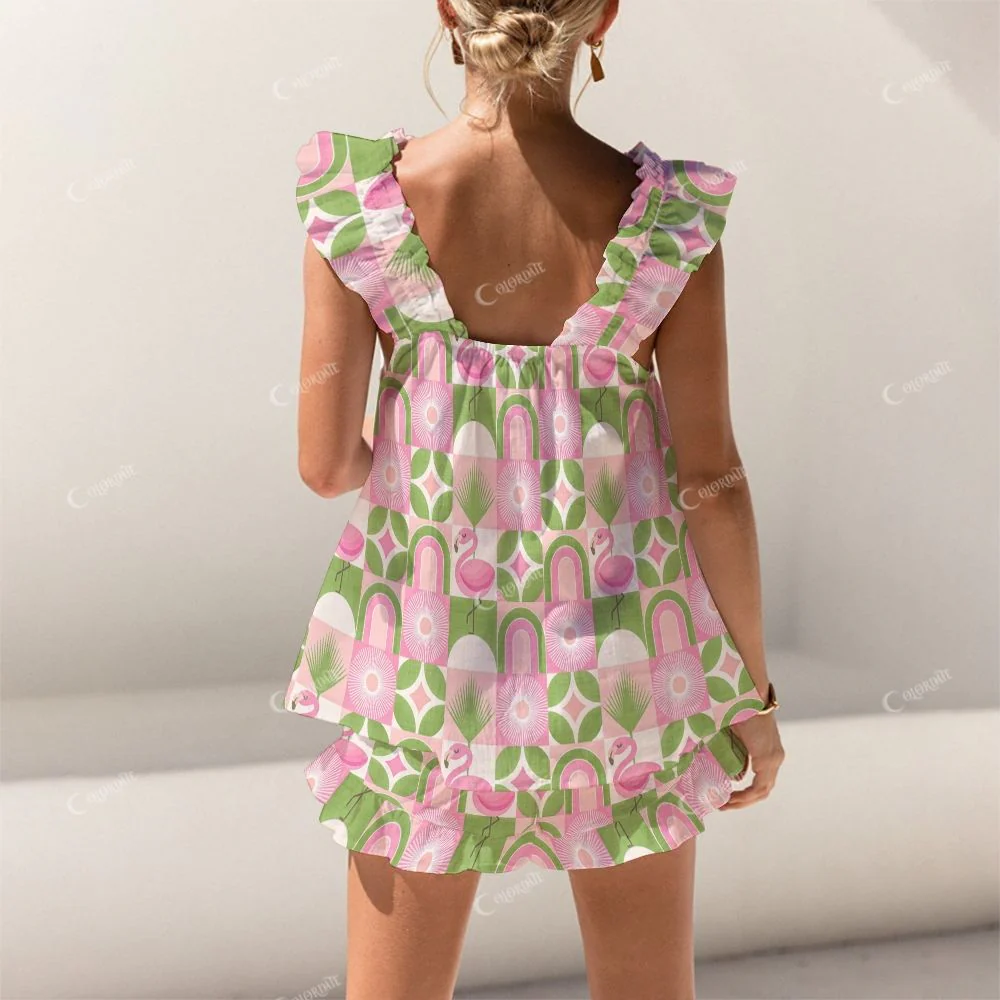 Colordate Flamingo Print Short Tank Top Shorts Pajama Set - Image 2