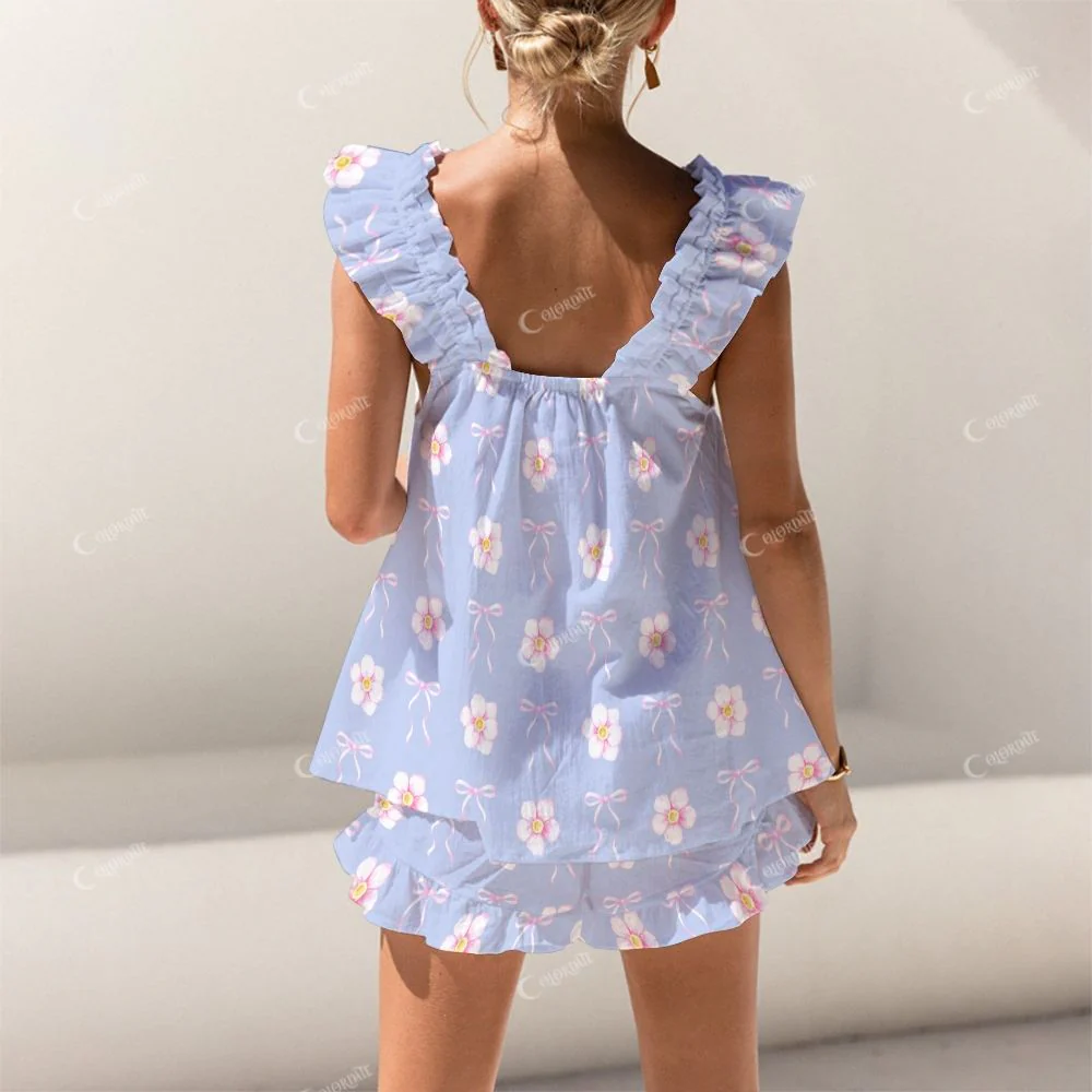 Colordate Floral And Bow Print Short Tank Top Shorts Pajama Set - Image 2