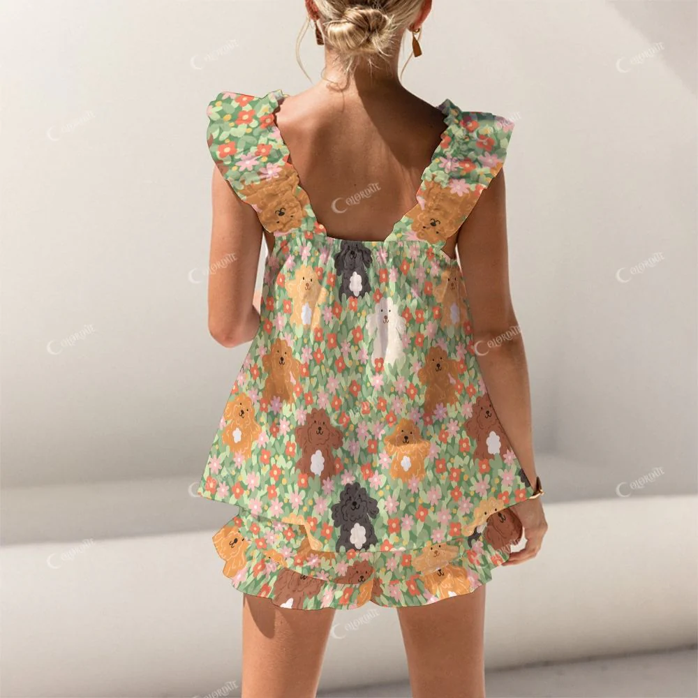 Colordate Flower Beds And Puppy Prints Short Tank Top Shorts Pajama Set - Image 2