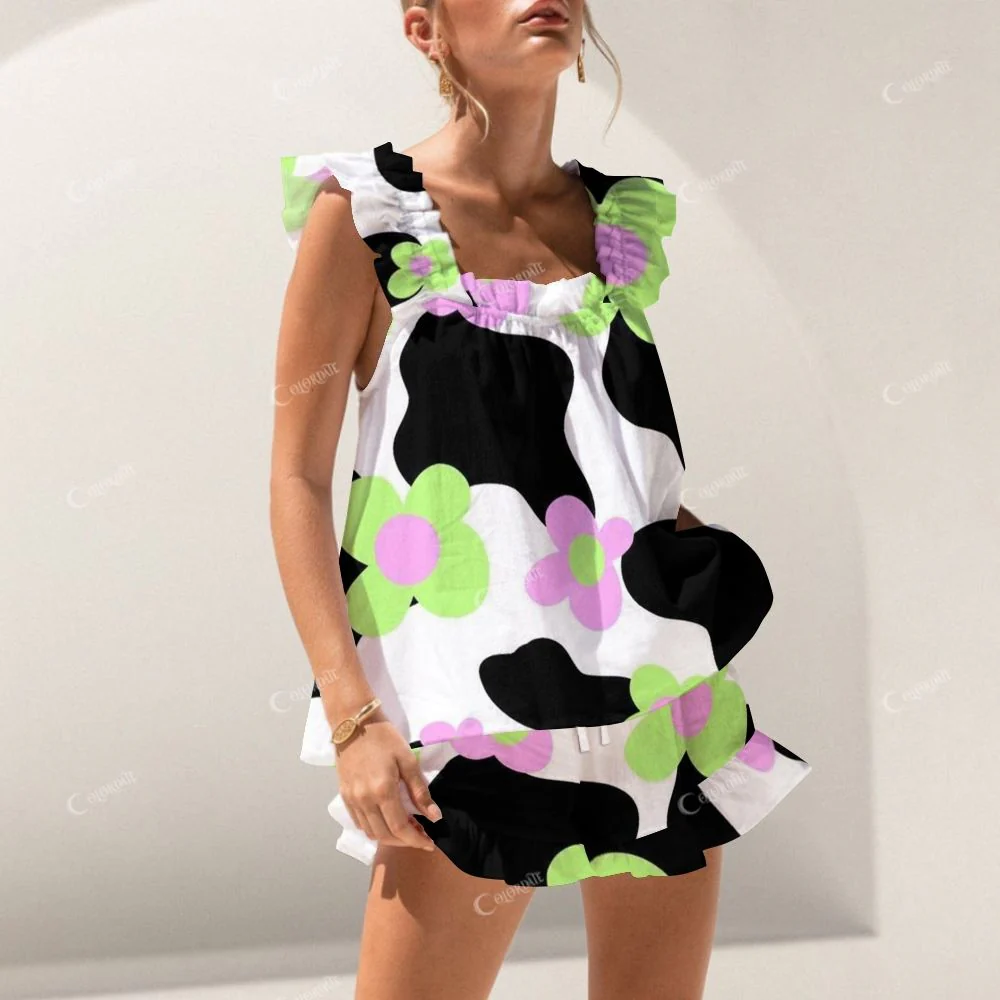 Colordate Green And Pink Floral Prints Short Tank Top Shorts Pajama Set