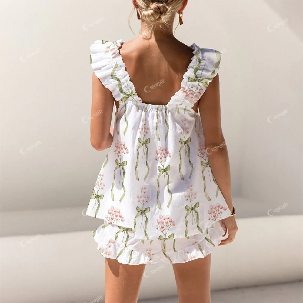 Colordate Green Bow And Floral Print Short Tank Top Shorts Pajama Set - Image 2