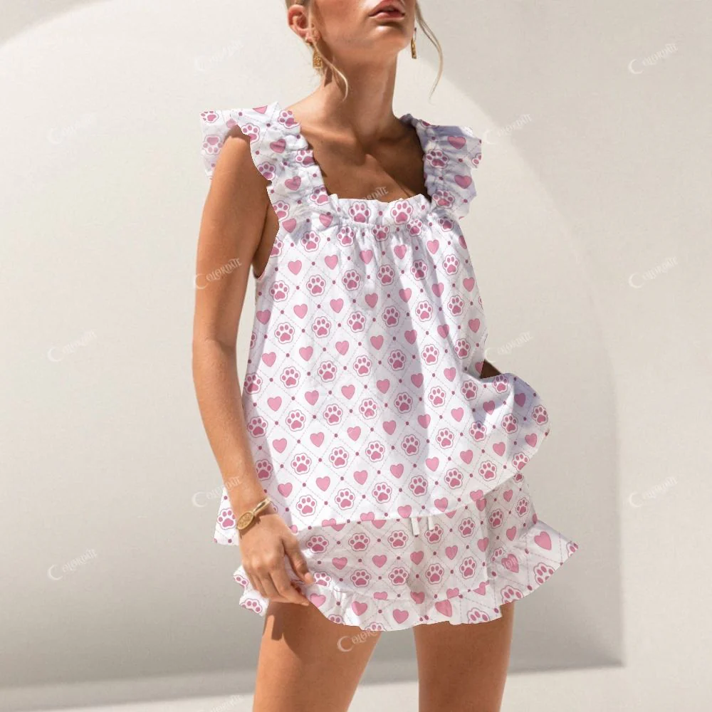 Colordate Heart And Paw Print Short Tank Top Shorts Pajama Set