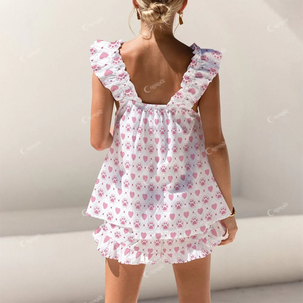 Colordate Heart And Paw Print Short Tank Top Shorts Pajama Set - Image 2