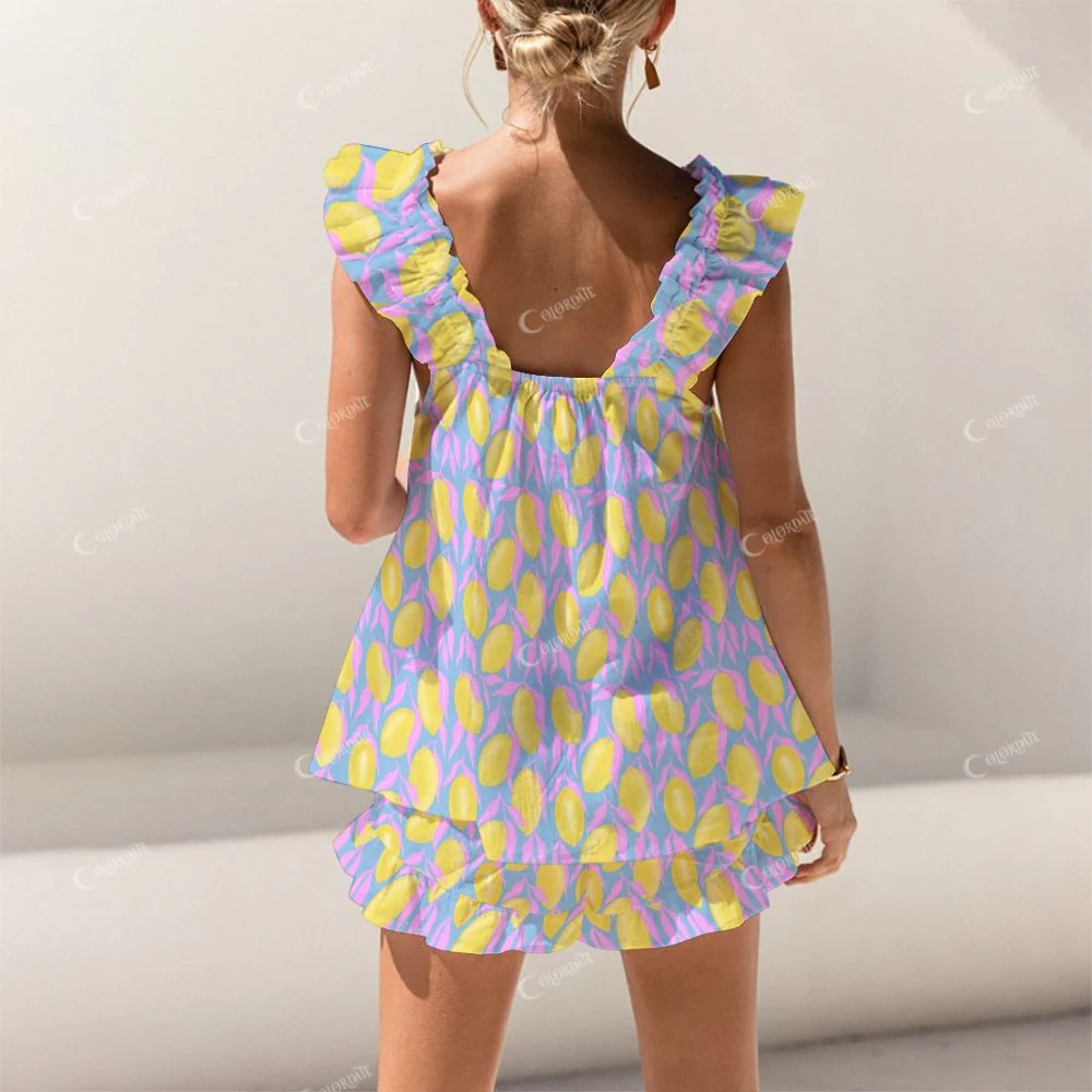Colordate Lemon Print Short Tank Top Shorts Pajama Set - Image 2