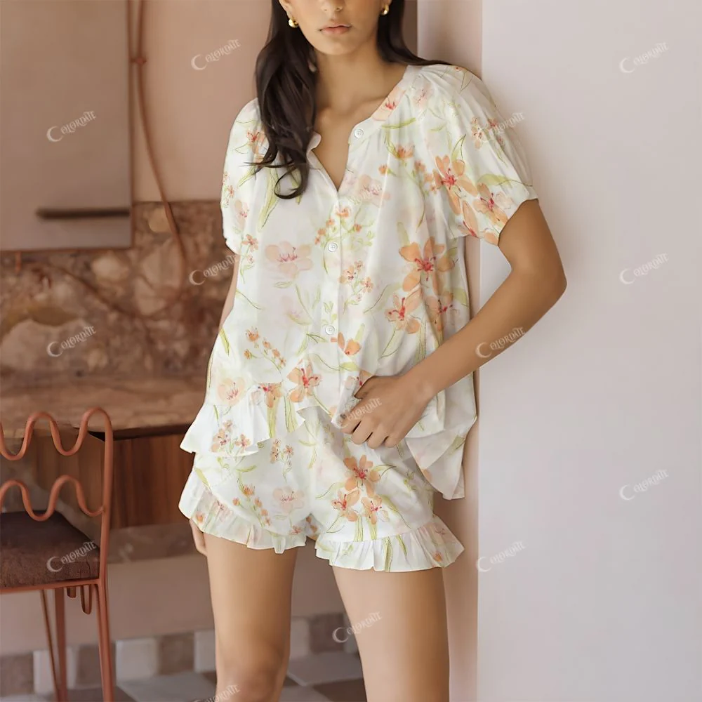Colordate Orange Flowers Print Short Pajama Set