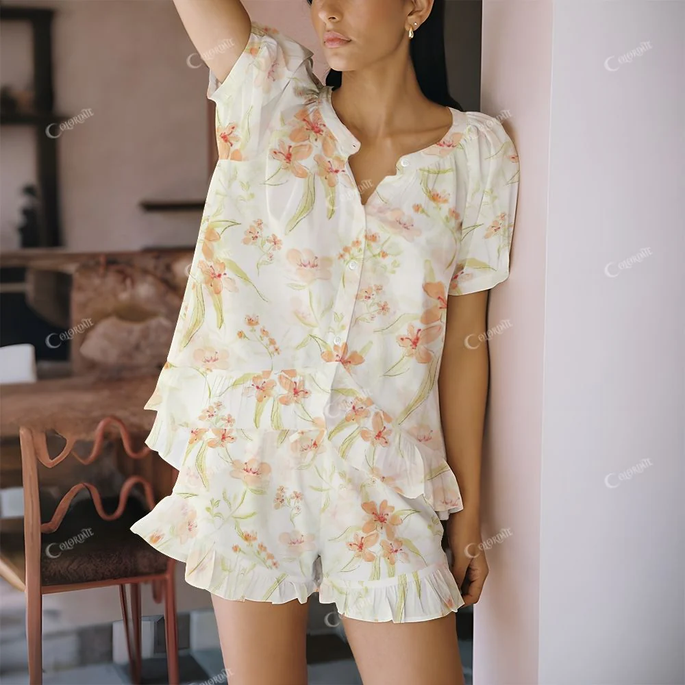 Colordate Orange Flowers Print Short Pajama Set - Image 2
