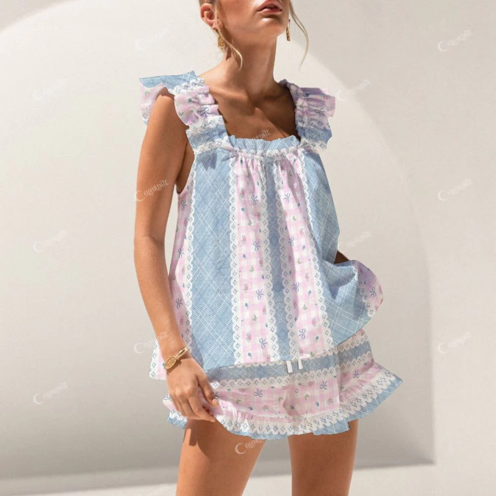Colordate Patchwork Pattern Print Short Tank Top Shorts Pajama Set