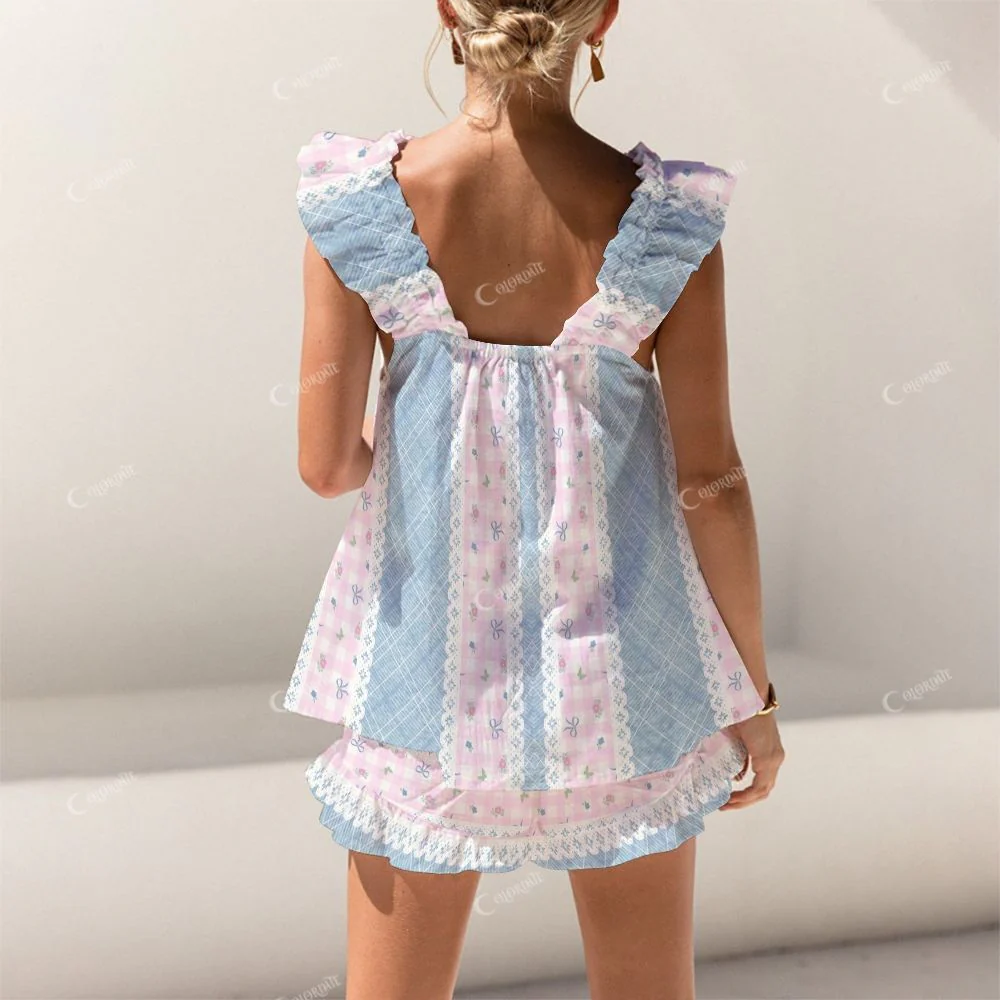 Colordate Patchwork Pattern Print Short Tank Top Shorts Pajama Set - Image 2