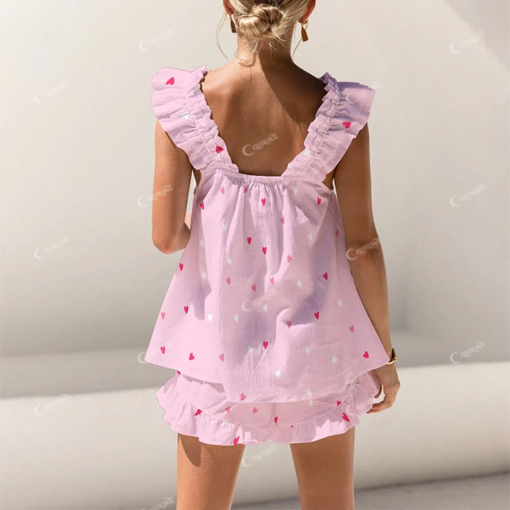Colordate Pink And White Heart Prints Short Tank Top Shorts Pajama Set - Image 2