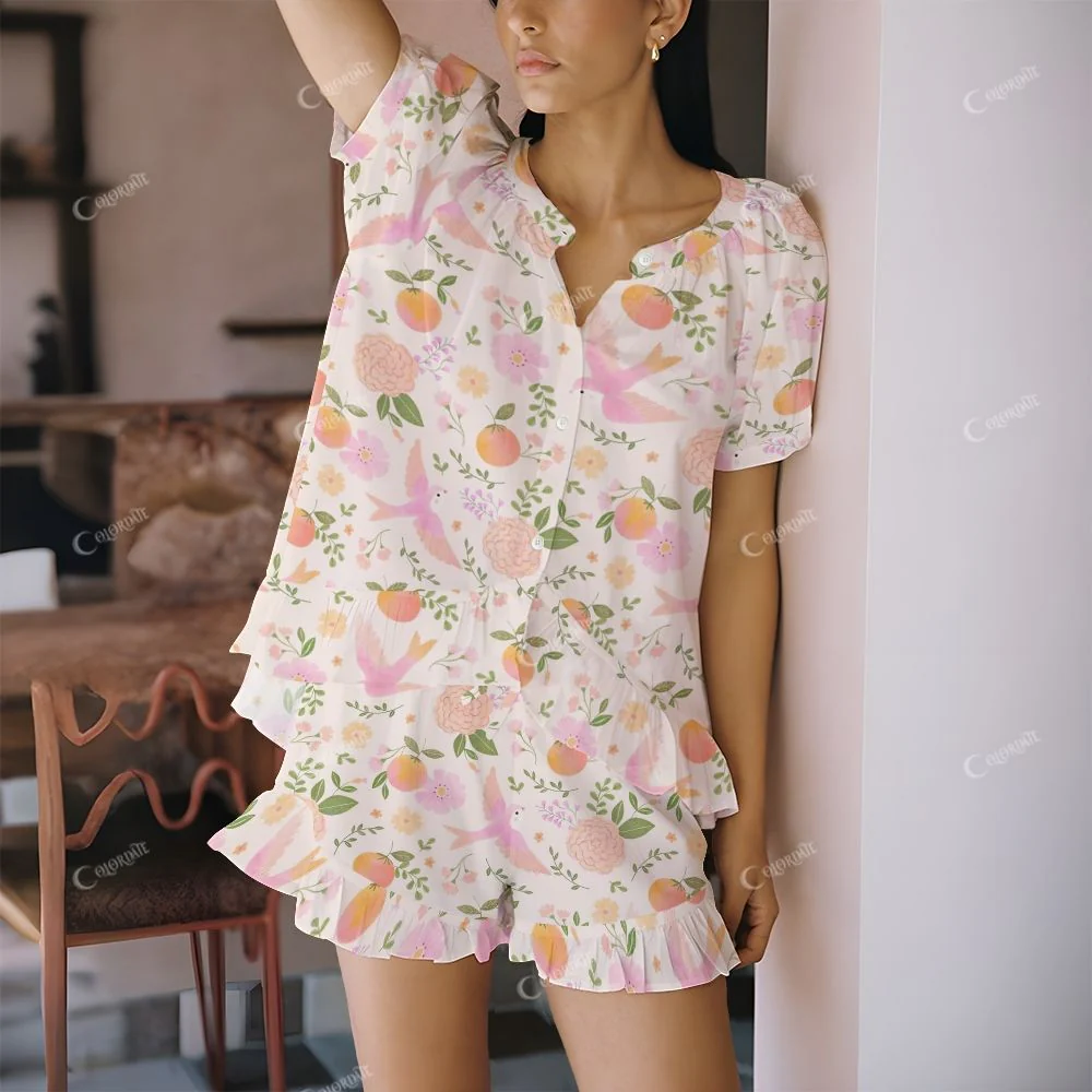 Colordate Pink Birds And Floral Prints Short Pajama Set - Image 2