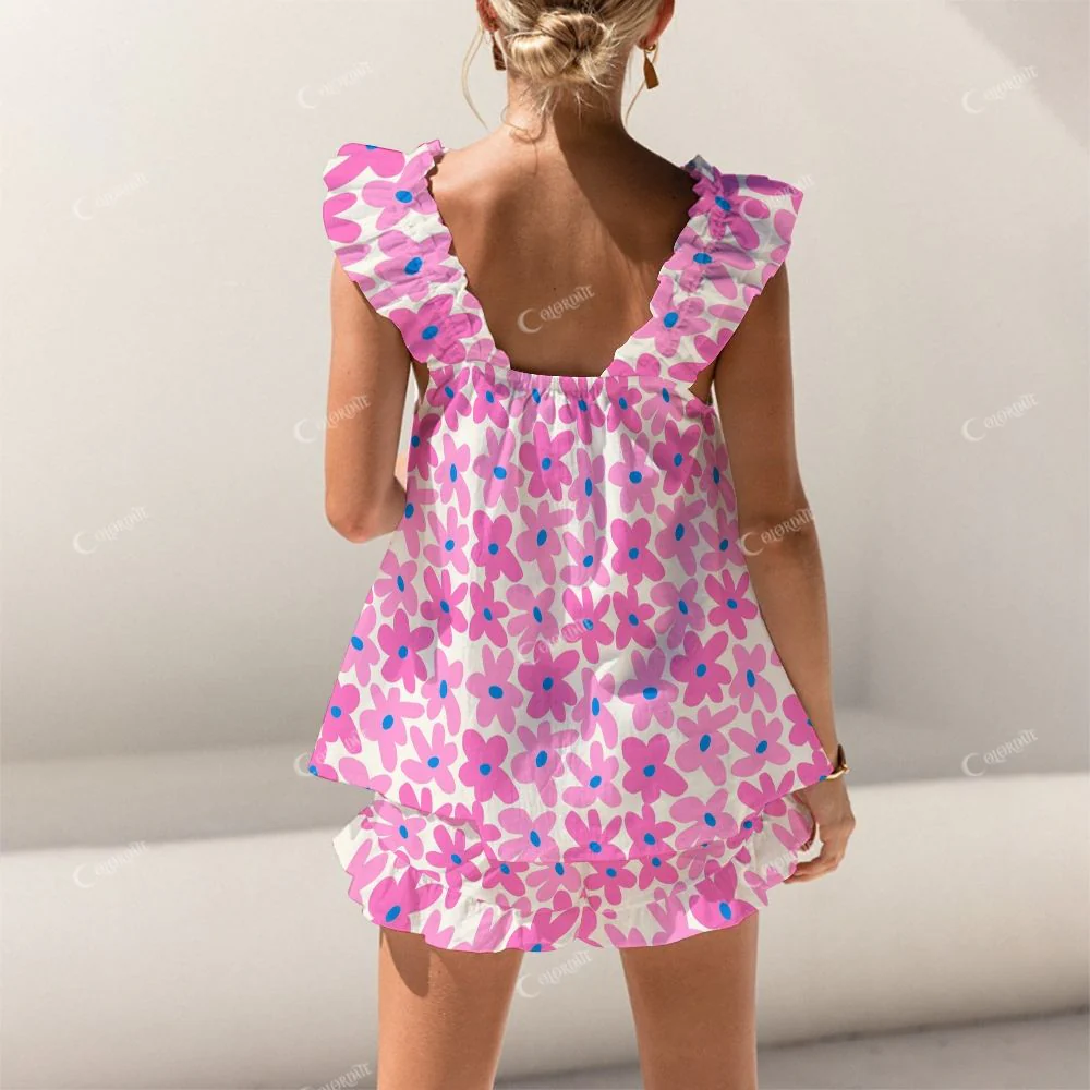 Colordate Pink Flower Print Short Tank Top Shorts Pajama Set - Image 2