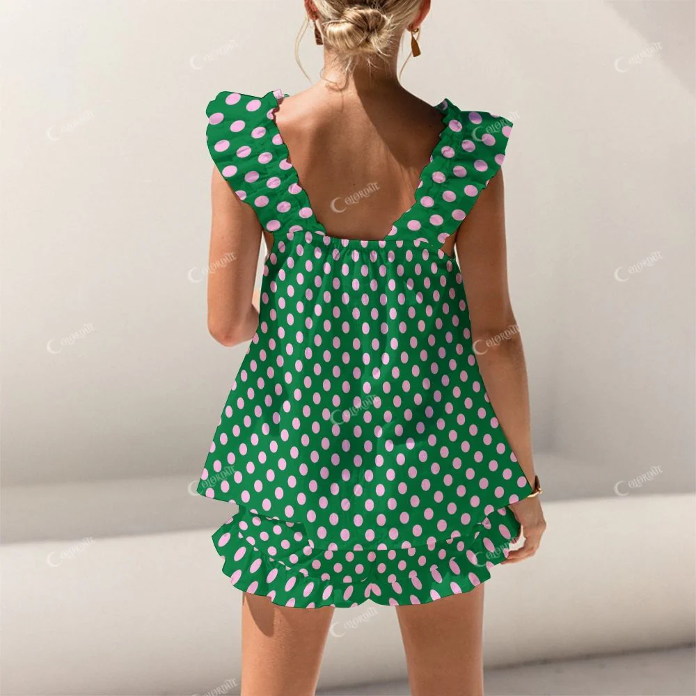 Colordate Pink Polka Dot Print Short Tank Top Shorts Pajama Set - Image 2