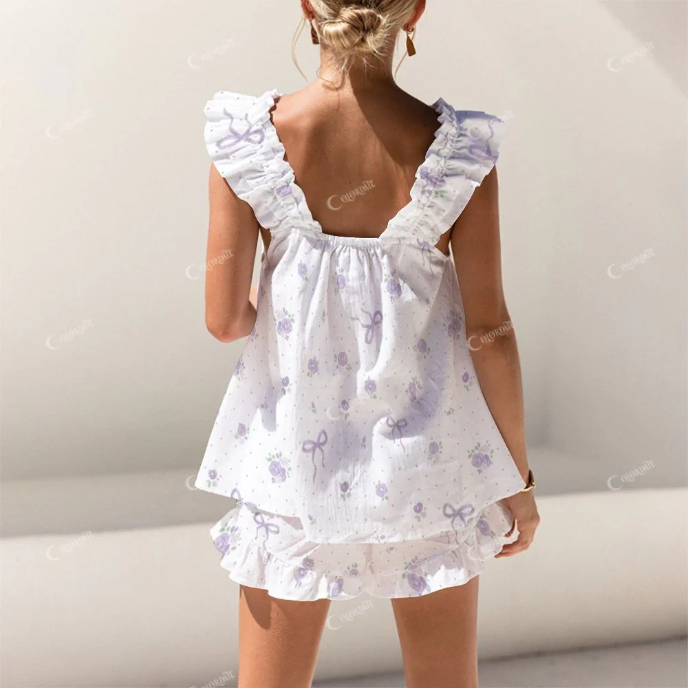 Colordate Purple Bows And Floral Prints Short Tank Top Shorts Pajama Set - Image 2