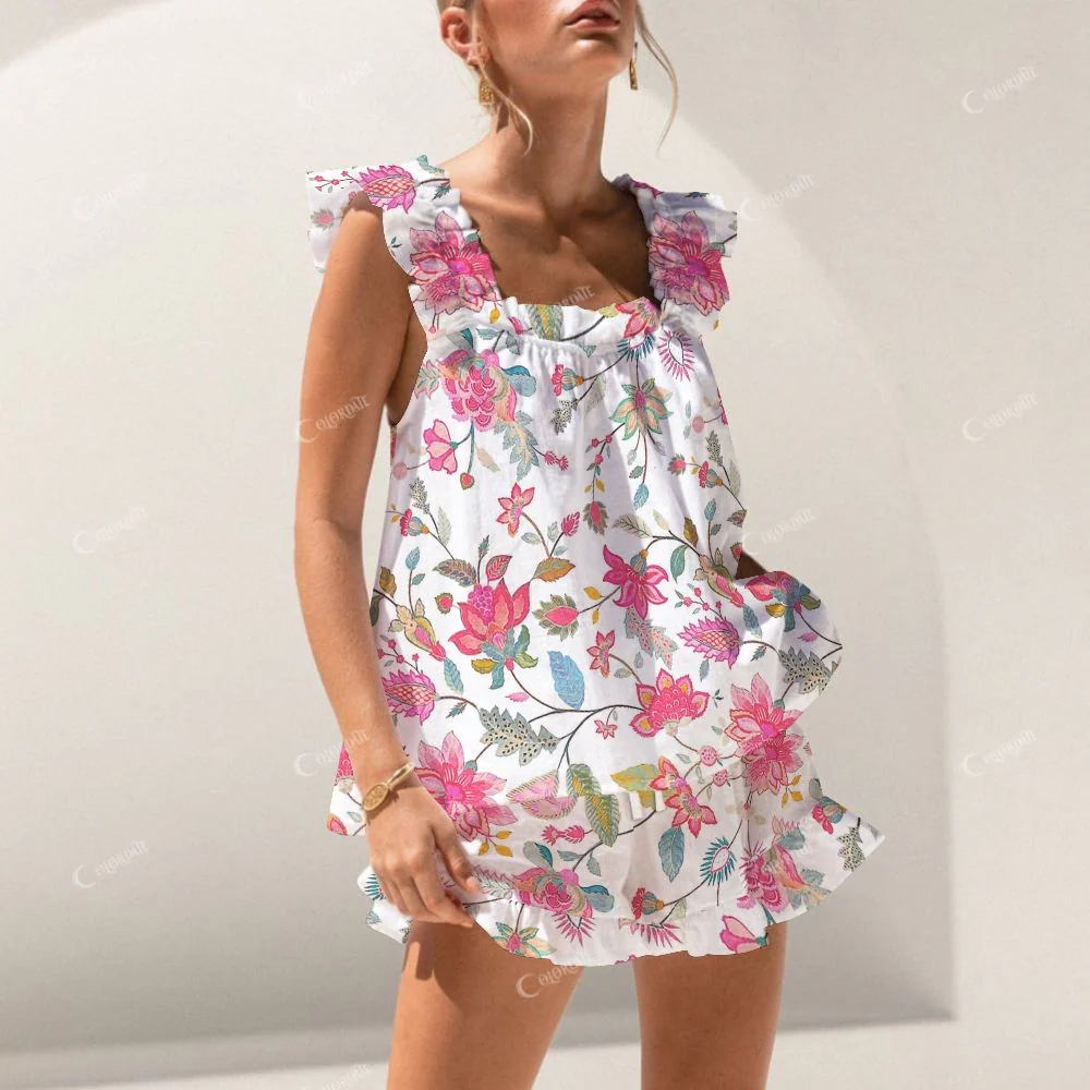 Colordate Dye Dream Rose Red Floral Print Short Tank Top Shorts Pajama Set