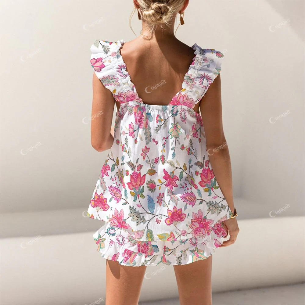 Colordate Dye Dream Rose Red Floral Print Short Tank Top Shorts Pajama Set - Image 2