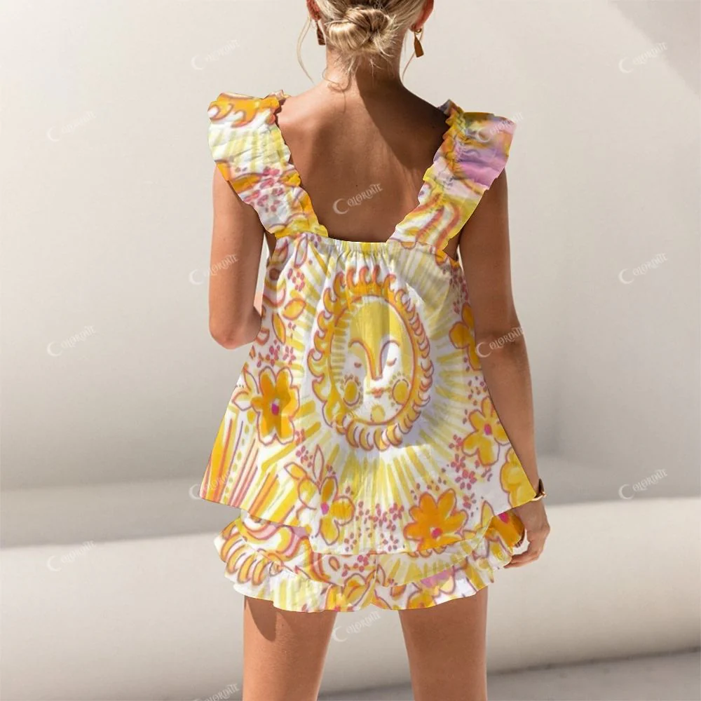 Colordate Sun And Flowert Print Short Tank Top Shorts Pajama Set - Image 2