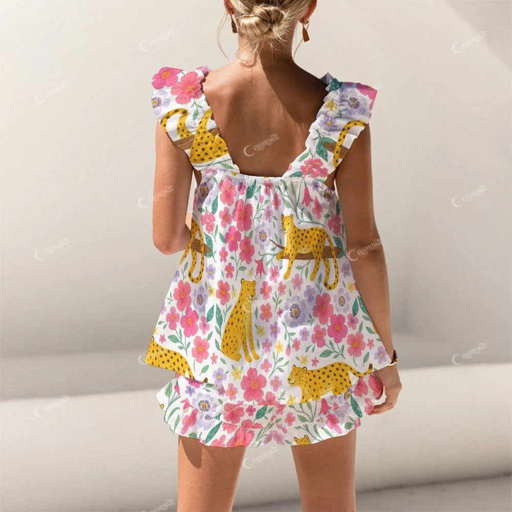 Colordate Tiger And Floral Prints Short Tank Top Shorts Pajama Set - Image 2