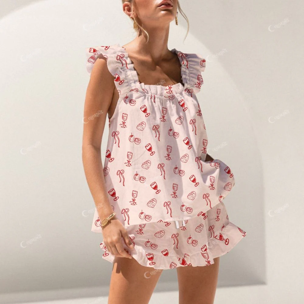 Colordate Wine Glasses And Cake Prints Short Tank Top Shorts Pajama Set