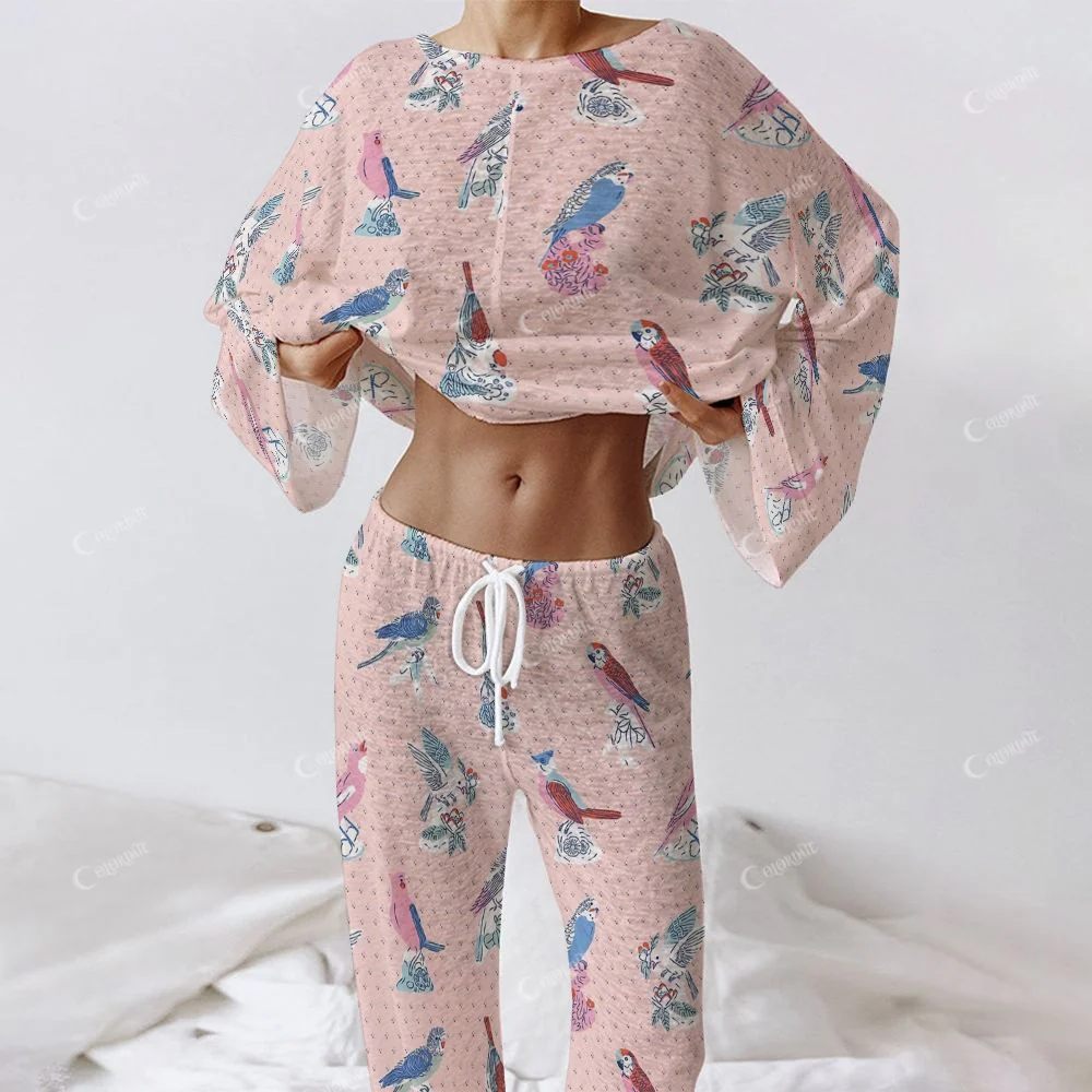 Colordate Women's Bird Print Long Sleeve Cotton Homewear Set