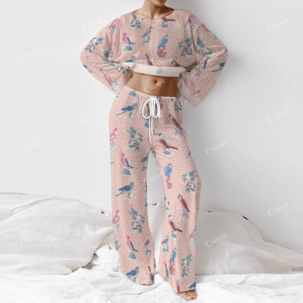 Colordate Women's Bird Print Long Sleeve Cotton Homewear Set - Image 2
